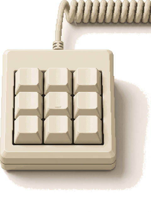 An old-school nine-key numpad in cream plastic, seen from above. Its coiled cable runs off to the right, the fn key sits at the centre, and the eight keys around it are printed with the logos of everyday business tools.